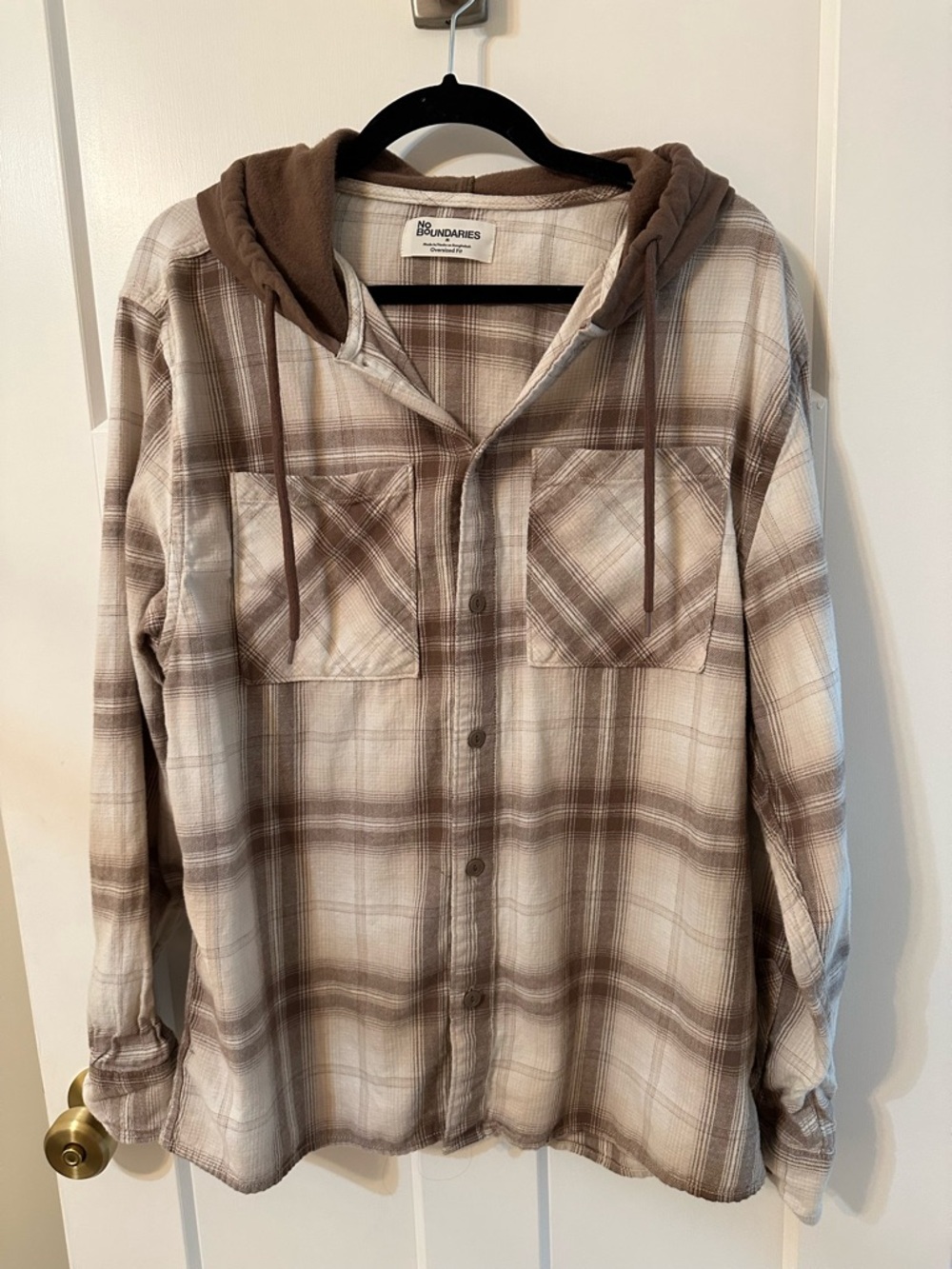 No Boundaries Brown and Cream Plaid Hooded Button-Up